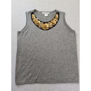 Behnaz Sarafpour Gray Knit Top Floral Bib Embellish Neckline LG Silk Cashmere